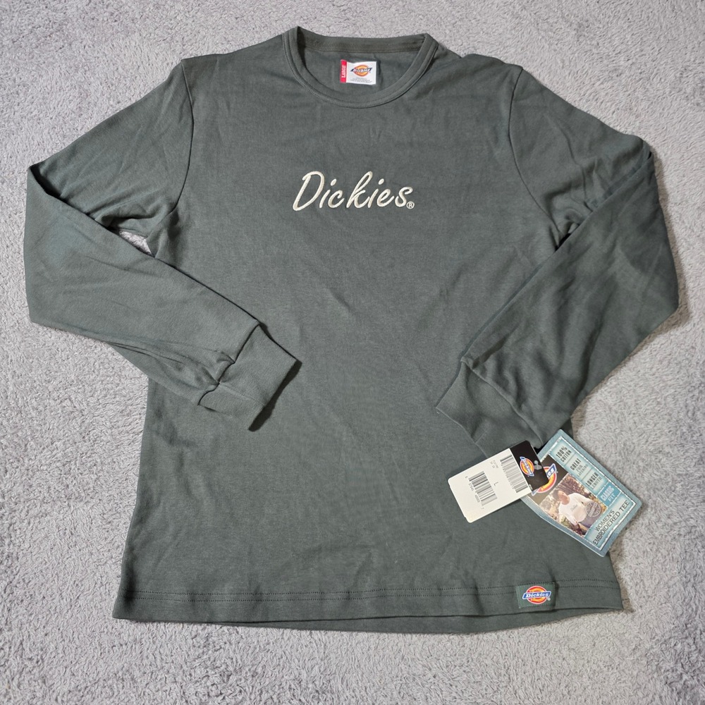 Dickies Womens Large Long Sleeve T-Shirt Olive Green Embroidered Logo Cotton